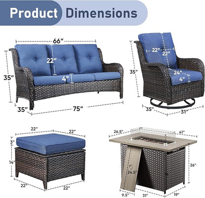 Wicker Outdoor Conversation Se with 50,000 BTU Gas Propane Fire Pit Tablet-6 Pieces Outdoor Wicker High Back Couch Patio Furniture for Deck Poolside Backyard