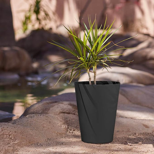 Bloem Tall Finley Tapered Round Planter: 14" - Black - Matte Textured Finish, 100% Recycled Plastic Pot, for Indoor and Outdoor Use, Gardening, 4 Gallon Capacity