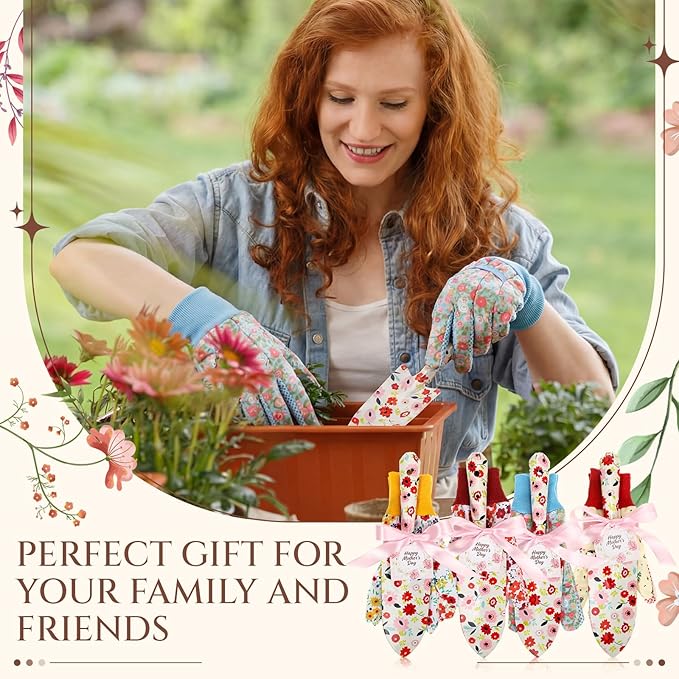 Sliner 12 Sets Floral Garden Shovels and Gloves Bulk Gardening Gift for Women, Heavy Duty Trowels with Mother's Day Cards and Bags for Mom Grandma Birthday Gift