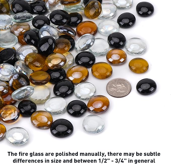 Skyflame 10-Pound Blended Fire Glass Beads for Fire Pit Fireplace Landscaping, 1/2-Inch Onyx Black, Crystal Ice, Caramel Luster