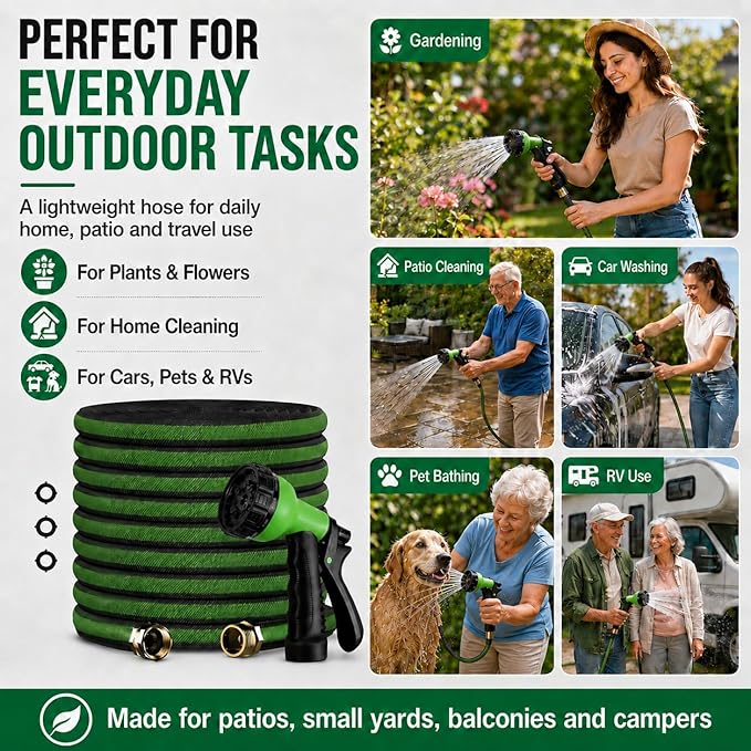 100FT Lightweight Flat Garden Hose for Women & Seniors, Non-Expandable Water Hose with 10-Pattern Spray Nozzle, Easy Storage No-Kink Hose for RV, Patio, Small Backyard, Car Wash & Everyday Watering