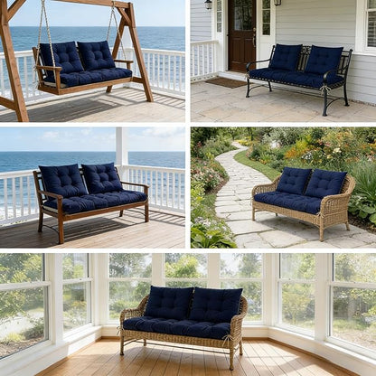 3 Pcs Wicker Chair Cushions Patio Loveseat Chaise Cushion Set - 1200D 47x19*4 Inch Waterproof Wicker Bench Cushions with 2 19x19x4 Inch Chair Cushions for Garden Porch Wicker Patio Furniture(Navy)