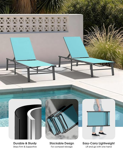 Ciokea Foldable Outdoor Lounge Chair Set of 4, No Assembly Aluminum Chaise Lounge Outdoor with 5-Positions, Aluminum Pool Lounge Chairs with Portable Design for Pool, Deck, Beach, Patio (Lake Blue)