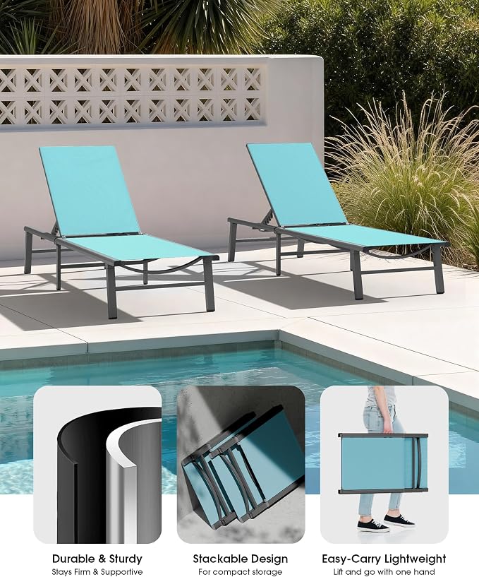 Aluminum Outdoor Lounge Chairs Set of 2- No Assembly Needed, Foldable Patio Chaise Lounge with 5 Adjustable Positions, Reinforced Frame for Extra Durability, Pool Beach Lounge Chairs, Lake Blue