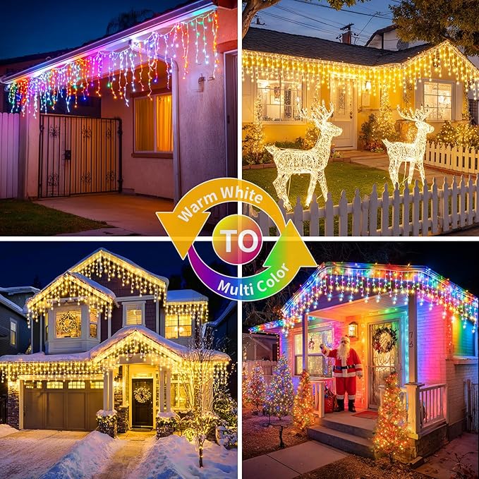 XZAI 800LED 50FT, Icicle String Lights, Plug-in, Multi-Color & Warm White, Christmas Party Decors, Connectable, Memory, Remote, 8 Modes, Timer, Dimmable, IP65 Waterproof, Hanging for Outdoor & Indoor