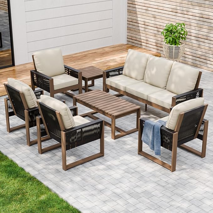 Rustic Hideaway Natural Cedar Wood Outdoor Furniture Set, Wicker Patio Conversation Set for Porch Garden Backyard, Couch, 4 Patio Chairs, Table and 2 Ottomans, 8 Piece, Brownish/Beige