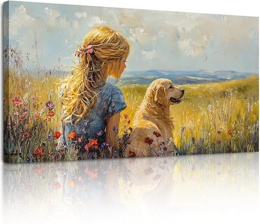 SERIMINO Portrait Animal Extra Large Wall Art, Meadow Landscape Wall Prints, Woman Golden Retriever Dog Canvas Paintings, Rustic Wall Decor Living Room Bedroom Dining Room Farmhouse Cottage 29"X57"