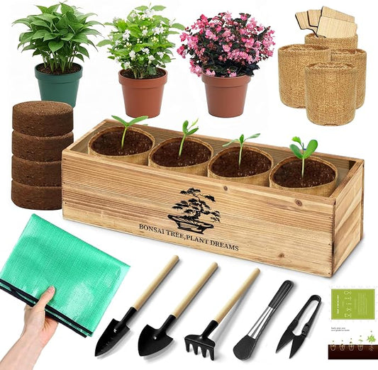Premium Bonsai Kit,Complete Bonsai Starter Kit with Wooden Gift Box,repotting mat, Burlap Pots & Gardening Tools, DIY Bonsai Plant Set for Adults & Beginners (Seeds Excluded)Birthday Thanksgiving gift