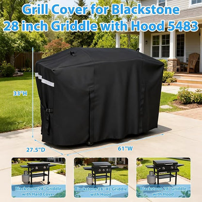 Utheer Grill Cover for Blackstone 28 Inch Griddle with Hood, 5483 Cover 600D Waterproof Heavy Duty Flat Top Grill Cover, Full-Length Outdoor Griddle Cover with Zipper and Adjustable Buckles, Black