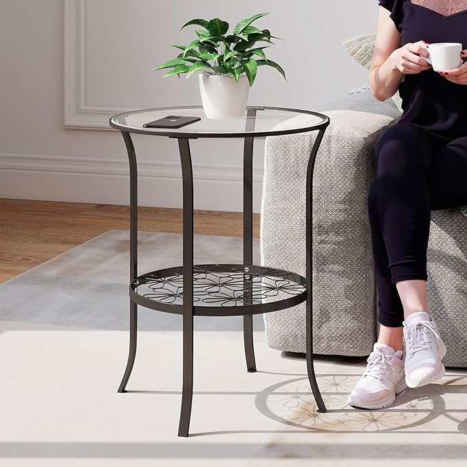 DDK 2-Tier Round Metal Side Table with Glass Top, Outdoor End Table for Patio or Balcony