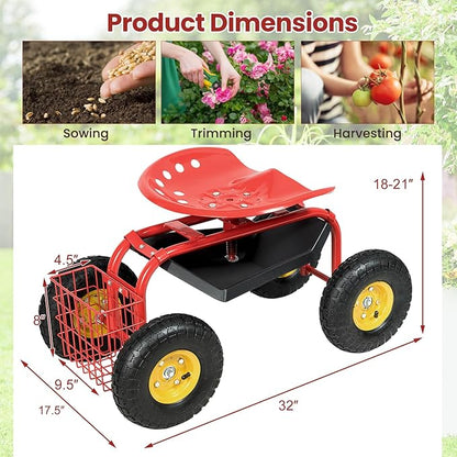 Goplus Garden Seat with Wheels, Rolling Garden Cart with Adjustable 360° Swivel Seat, Tool Tray, Basket for Lawn, Yard, Patio, Heavy Duty Gardening Stool, Outdoor Wagon Scooter for Seniors
