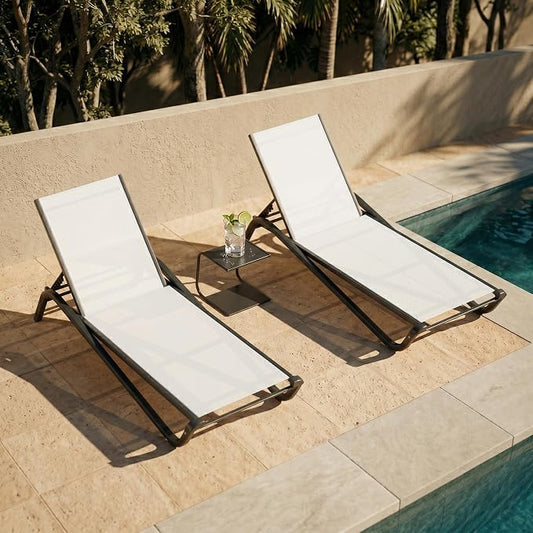 3-Piece Patio Chaise Lounge Set with Side Table, Set of 2 Adjustable Pool Chairs and Aluminum Bistro Table, All-Weather Outdoor Furniture for Pool Deck, Patio & Tanning, White