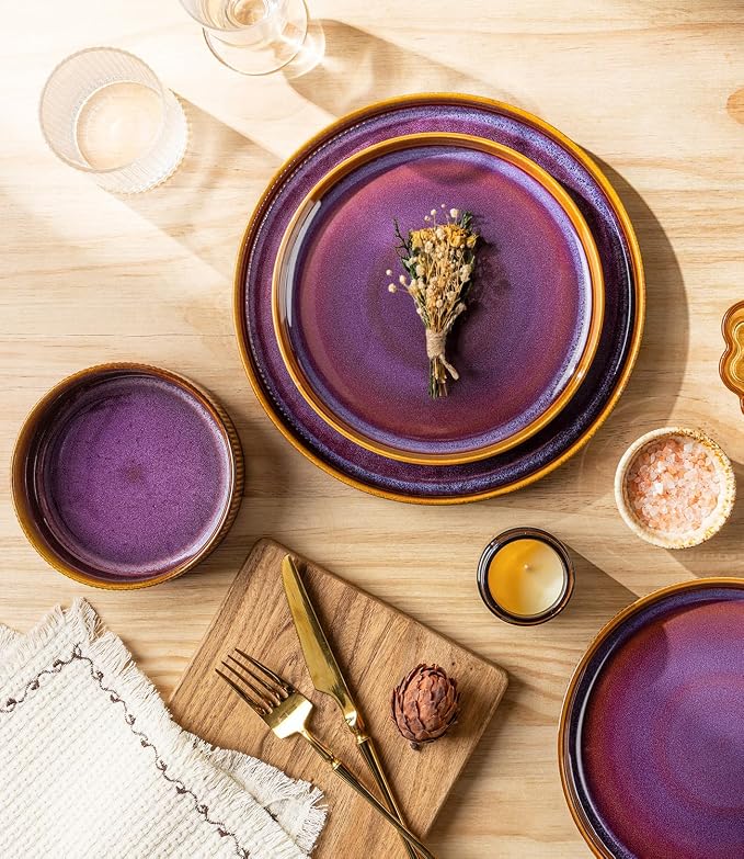 TheTerra Ceramic Dinnerware Sets for 6, 18 Pieces Porcelain Lightweight Plates and Bowls Sets, Scratch Resistant Dish Set, Oven & Microwave & Dishwasher Safe, Amber Amethyst
