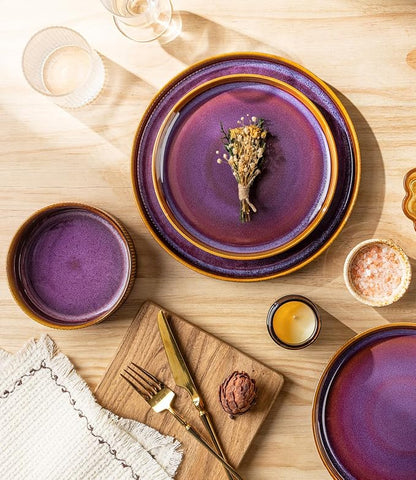TheTerra Ceramic Dinnerware Sets for 4, 12 Pieces Porcelain Lightweight Plates and Bowls Sets, Scratch Resistant Dish Set, Oven & Microwave & Dishwasher Safe, Amber Amethyst