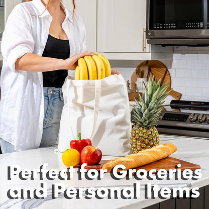 Carrywell (Not Made In China) Canvas Tote Bags 6-Pack, 15"x16", Bulk Organic Cotton Reusable Shopping Bag, Blank Cloth Totes With Handles