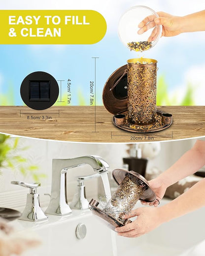 Solar Bird Feeders for Outdoors, Metal Hanging Bird Feeder with 3 Water Cups,Rust Resistant, Solar Garden Lantern for Outdoors Decor,The Perfect Choice for Gift(2.5LB)