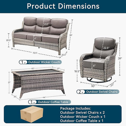 Luxury High Back Outdoor Furniture with 6-Inch Thick Cushions, Patio Furniture Set with Swivel Chairs, 4 PCS Wicker Conversation Set for Porch, Balcony, Deck and Yard
