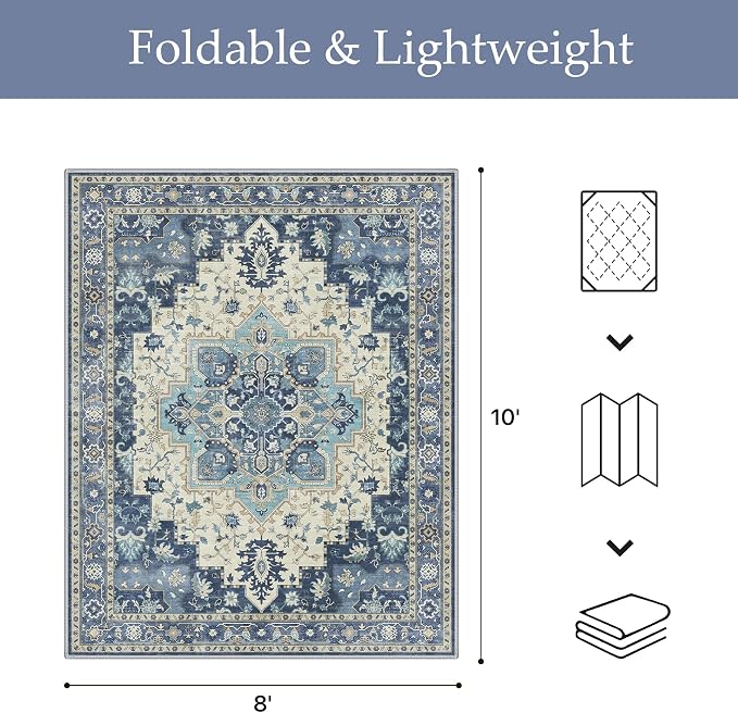 GENIMO Outdoor & Indoor Area Rug 8'x10', Waterproof, Non-Shedding, Easy Cleaning, Boho Mat for Patio, Living Room, Balcony, Dining Room, RV, Deck, Bedroom, Camping, Outside Carpet,Center Blue