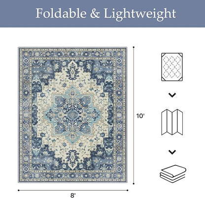 GENIMO Outdoor & Indoor Area Rug 8'x10', Waterproof, Non-Shedding, Easy Cleaning, Boho Mat for Patio, Living Room, Balcony, Dining Room, RV, Deck, Bedroom, Camping, Outside Carpet,Center Blue