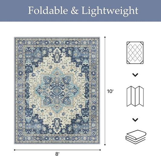 GENIMO Outdoor & Indoor Area Rug 8'x10', Waterproof, Non-Shedding, Easy Cleaning, Boho Mat for Patio, Living Room, Balcony, Dining Room, RV, Deck, Bedroom, Camping, Outside Carpet,Center Blue