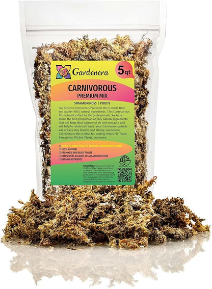 GARDENERA Sphagnum Moss Potting Mix for Carnivorous Plants, Moss and Perlite Blend for Potting Venus Fly Traps, Sarracenia, Pitcher Plants - 75% Sphagnum Moss + 25% Perlite - Made in USA - 5 Quart