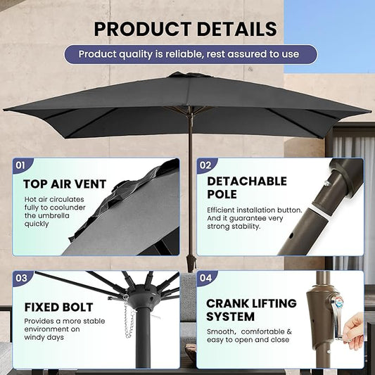 Ayge 8x10FT Large Rectangular Patio Umbrella Outdoor Table Umbrella w/Crank Rectangle Market Umbrella UV Protection for Garden, Deck,Lawn,Yard & Pool,Black