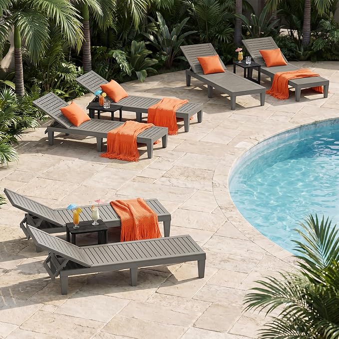 Outdoor Chaise Lounge Chairs Set of 6, 5-Position Adjustable Tanning Lounge Chairs with Wood Texture, All-Weather Resin Patio Lounge Chair for Pool, Garden, Deck, Beach, Striped Grey