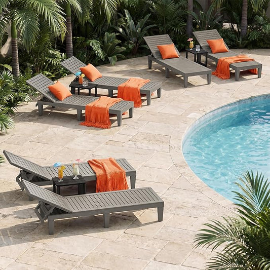 Outdoor Chaise Lounge Chairs Set of 6, 5-Position Adjustable Tanning Lounge Chairs with Wood Texture, All-Weather Resin Patio Lounge Chair for Pool, Garden, Deck, Beach, Striped Grey
