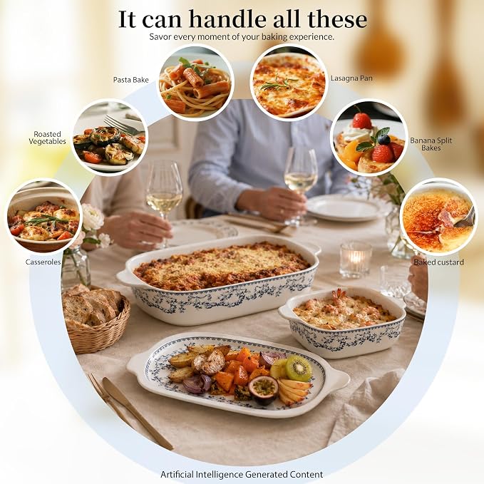 ACMLIFE Ceramic Casserole Dish with Lids for Oven, Large Baking Dish with Lid and Small Ceramic Casserole Dishes with Lid, Bakeware Set Baking Pan Lasagna Pan with Lids & Handles 4 Pcs Set (13x8 Inch+ 8x6 Inch, 2.01 Quart+0.85 Quart, Blue and White), C...