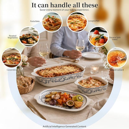 ACMLIFE Ceramic Casserole Dish with Lids for Oven, Large Baking Dish with Lid and Small Ceramic Casserole Dishes with Lid, Bakeware Set Baking Pan Lasagna Pan with Lids & Handles 4 Pcs Set (13x8 Inch+ 8x6 Inch, 2.01 Quart+0.85 Quart, Blue and White), C...