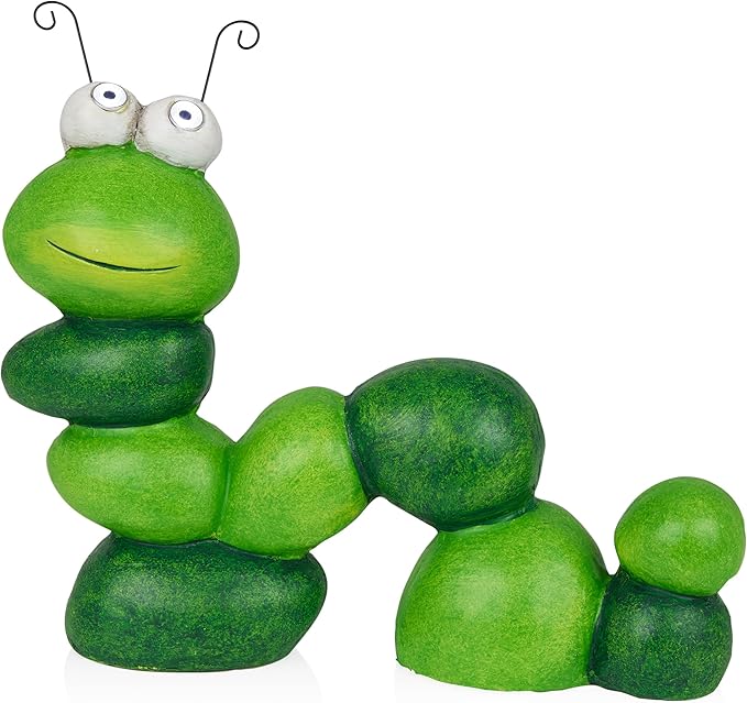 Alpine Corporation YEN608SLR 16" Tall Caterpillar with Light Up Eyes, Solar Powered LED Garden Statue, Green