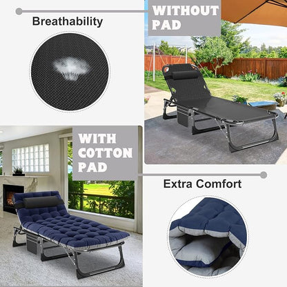 ABORON Tanning Chair, 5-Position Padded Folding Chaise Lounge | 5-position folding chaise lounge supports 400 lb and has a removable cushion and pillow for sunbathing, poolside or patio.