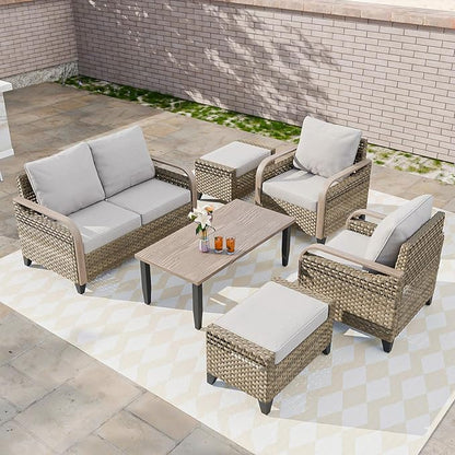 COOS BAY Modern Wicker Outdoor Furniture Set, Patio Conversation Set with Patio Chairs, 2 Seat Loveseat, Ottomans, and Coffee Table, 6 Piece, Brown/Gray