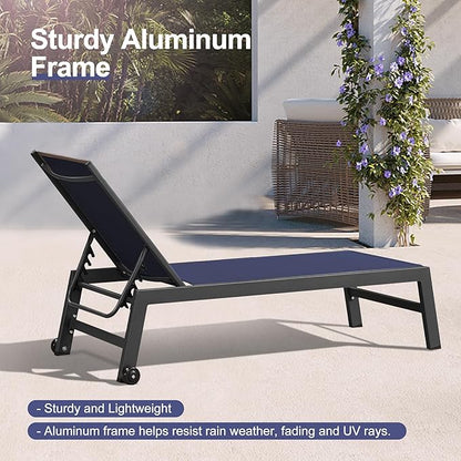 PURPLE LEAF Outdoor Patio Chaise Lounge Set 4 Pieces Pool Lounge Sunbathing Chairs with Wheels Chair for Yard (4 Navy Blue Lounges W/Side Table)