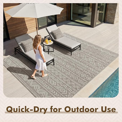 MontVoo-Outdoor Rug-Patio Rug 8x10 Polypropylene Indoor Outdoor Rugs Outdoor Carpet for Patio Deck Balcony Porch, Textured Weave, Durable for High Traffic, Fade-Resistant, Boho Farmhouse Silver Grey