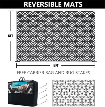 HUGEAR RV Outdoor Rug Waterproof Mat Outdoor Rugs 6'x9' for Patios Clearance Carpet Outdoor Camping Rugs Large Plastic Straw Rug(Geometric Black&White)