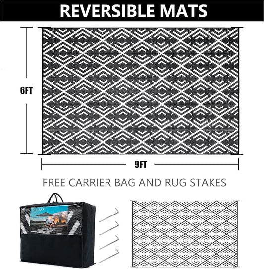 HUGEAR RV Outdoor Rug Waterproof Mat Outdoor Rugs 6'x9' for Patios Clearance Carpet Outdoor Camping Rugs Large Plastic Straw Rug(Geometric Black&White)