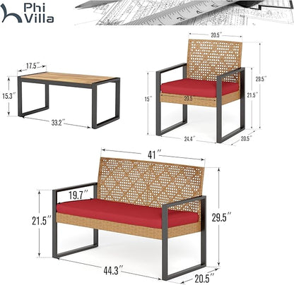 PHI VILLA Patio Wicker Furniture Set for 4, Yellow Rattan Loveseat & Chairs with Red Cushions & Acacia Wood Coffee Table, Outdoor Modern Conversation Sofa Set for Deck, Yard, Porch