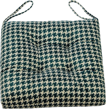 2-Pack Outdoor/Indoor Wicker Patio Seat Cushion Pad with Ties - Dining Chair Cushion, 17" x 17" (Green Houndstooth)
