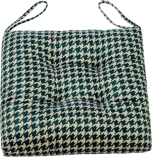 2-Pack Outdoor/Indoor Wicker Patio Seat Cushion Pad with Ties - Dining Chair Cushion, 17" x 17" (Green Houndstooth)