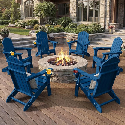 Adirondack Chairs Set of 6, Fire Pit Chairs, Wood Texture Patio Chairs with 2 Cup Holder, Outdoor Lawn Chair, NavyBlue