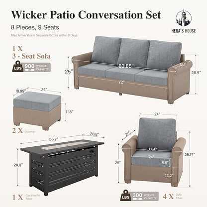 HERA'S HOUSE 8-Piece Patio Furniture Set, All Weather 9 Seats Outdoor Wicker Sofa with Ottomans, Rattan Patio Conversation Set with 5.5" Cushions and 57" Fire Pit Table, Grey