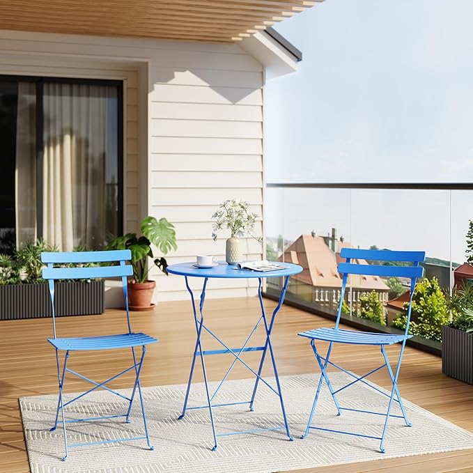 GarveeLife 3-Piece Folding Bistro Set, Foldable Patio Furniture Set with Premium Frame, Outdoor Bistro Table and Chairs Set of 2 for Patio, Garden and Balcony, Blue