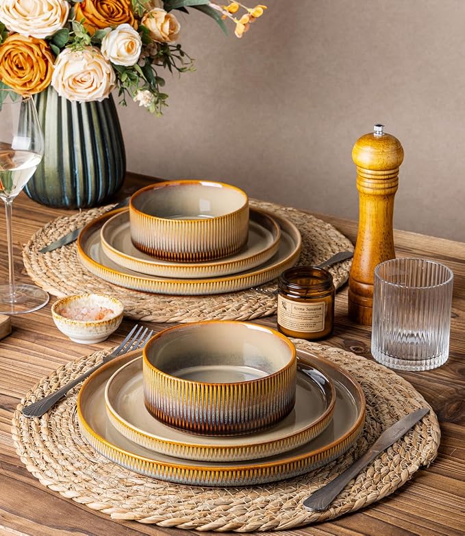 TheTerra Ceramic Dinnerware Sets for 8, 24 Pieces Porcelain Lightweight Plates and Bowls Sets, Scratch Resistant Dish Set, Oven & Microwave & Dishwasher Safe, Creamy Amber