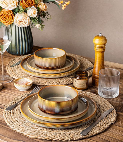 TheTerra Ceramic Dinnerware Sets for 8, 24 Pieces Porcelain Lightweight Plates and Bowls Sets, Scratch Resistant Dish Set, Oven & Microwave & Dishwasher Safe, Creamy Amber