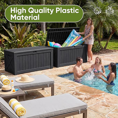 Flamaker Resin Deck Box 120 Gallon Waterproof Large Outdoor Indoor Storage Box Imitation Wood Resin for Patio Furniture Garden Tools and Pool (Black)