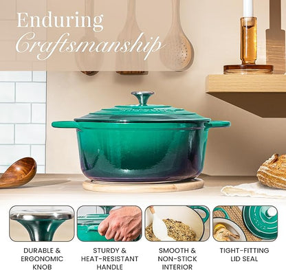 Nuovva Enamelled Cast Iron Dutch Oven Pot with Lid-6.4 Quart Non Stick Casserole Pot-Heavy Duty & Oven Safe up to 500° F for Bread Baking, Braising, Stews, Roasting - 28cm Dark Green