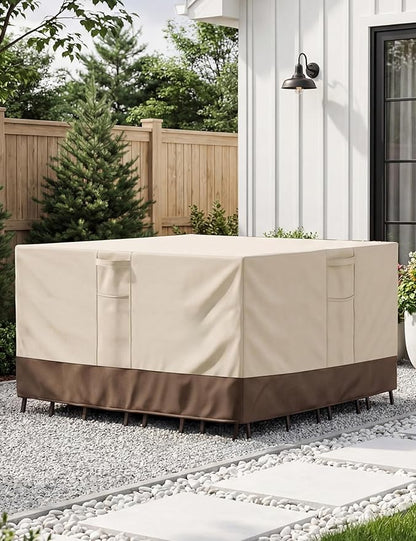 Patio Furniture Covers Waterproof Rectangular, Outdoor Furniture Covers Waterproof Windproof with Padded Handles, Heavy Duty 600D Oxford Outdoor Table Chair Set Cover