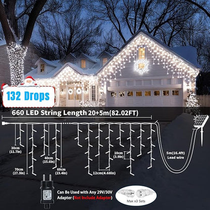 Solar Christmas Lights 66+16Ft 660LED Icicle Lights for Outside 2400mAH Connectable Rechargeable Dimmable Remote Twinkle Fairy String Lights for Xmas Yard Eaves House Roof Decorations