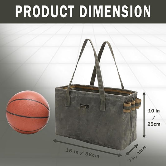 Canvas Tool Tote Bag | 16OZ Waxed Canvas Tool Carrying Bag - with 8 Pockets & Top Metal Support Rods, Rectangular Top Open Tool Tote Bag for Chisels Wrench Hammer Level | Army Green